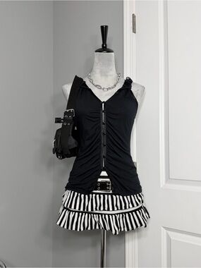 Vintage Old Navy Black Ruched Button Front Tank Top with Criss Cross Detail
